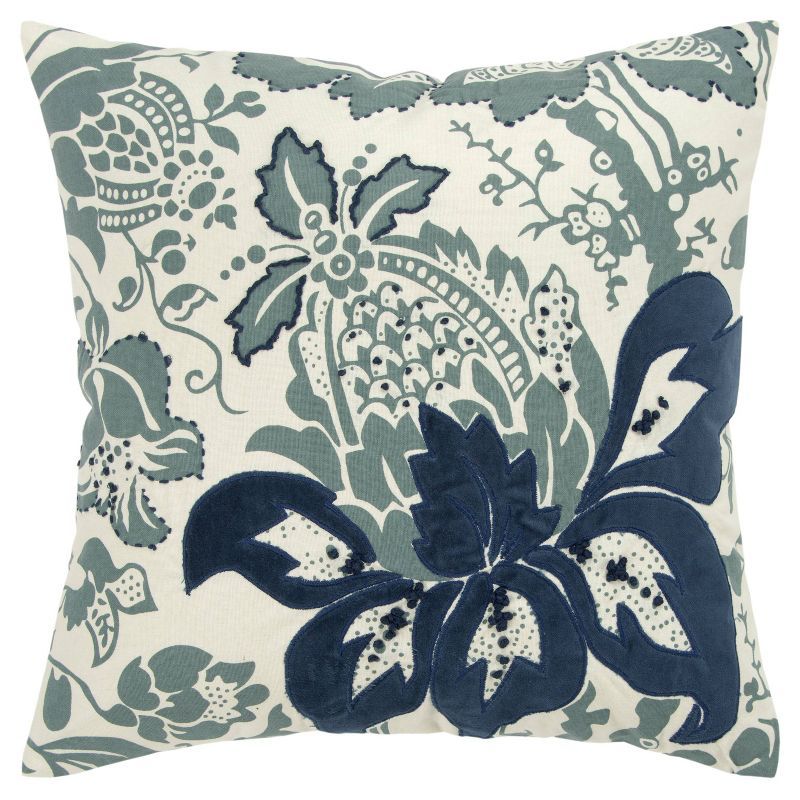 Navy and Ivory Floral Embroidered Cotton Square Pillow