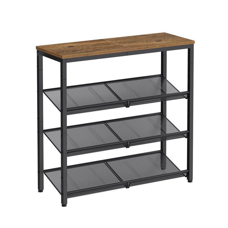 Industrial Black Metal and Wood 4-Tier Shoe Rack