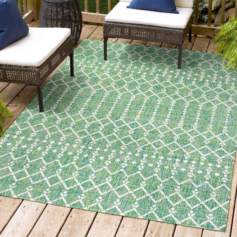 Ourika Green and Cream Geometric Flat Woven Indoor/Outdoor Rug