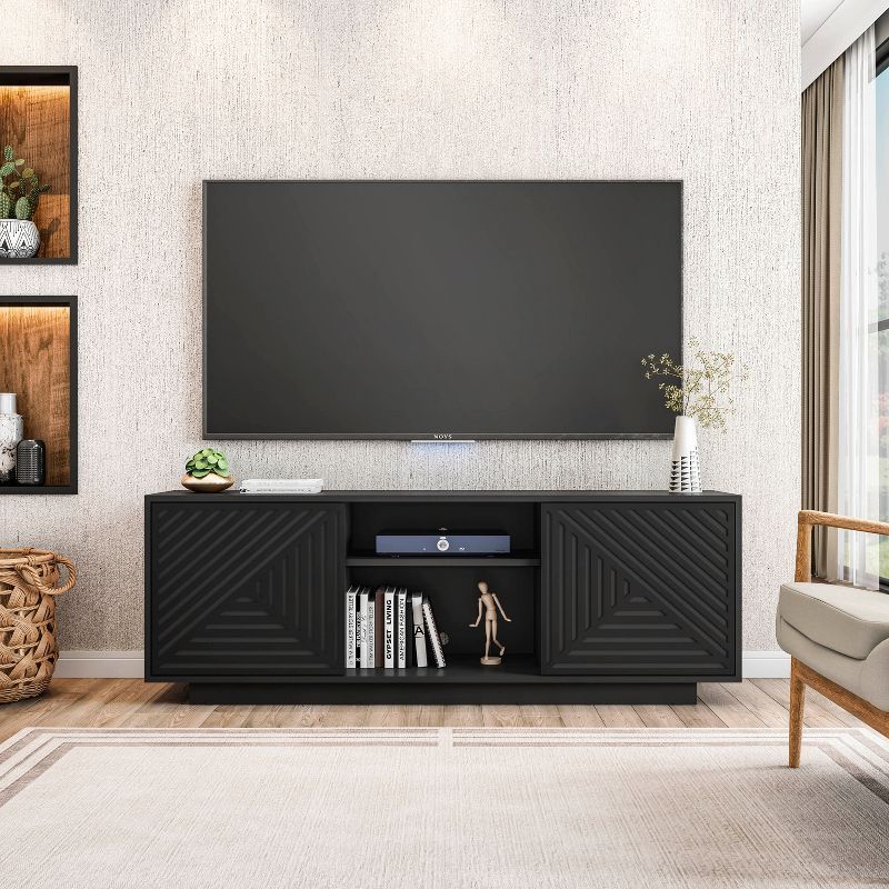 Black Particle Board TV Stand with Chevron Pattern Doors, 63"