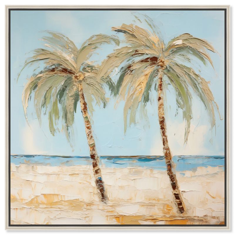 Handcrafted Tropical Palm Trees Canvas Art with Silver Frame, 31" x 31"
