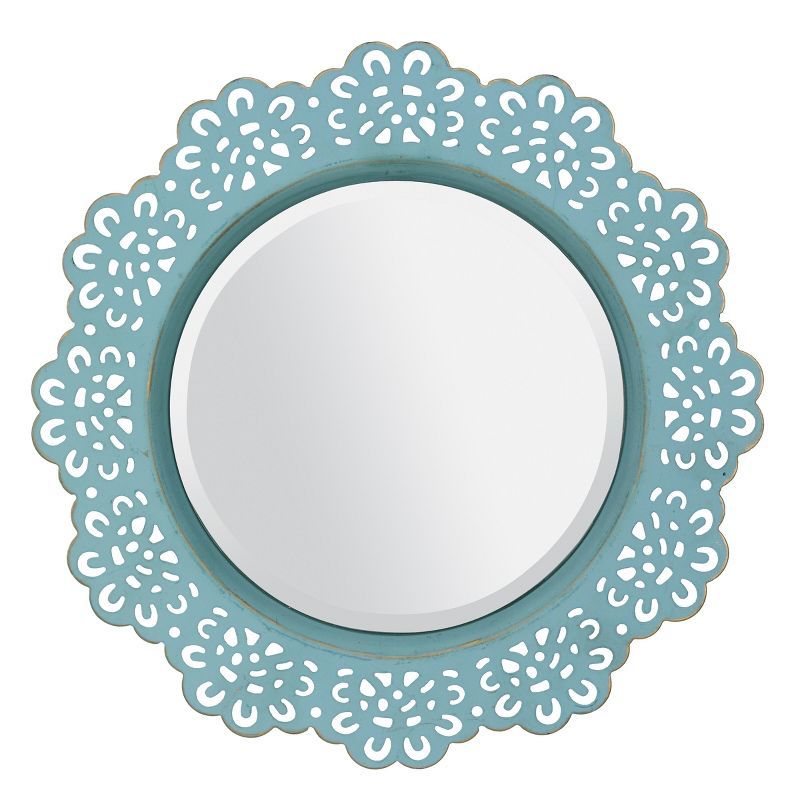 Blue Round Metal Lace Hanging Wall Mirror with Brass Highlights