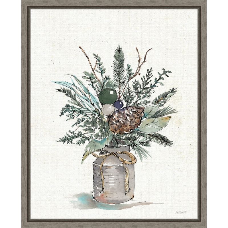 Seasonal Charm Greenery Christmas Vase Canvas Wall Art in Grey Frame