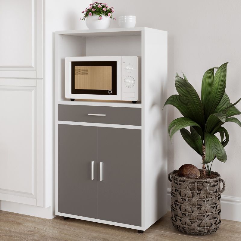 White and Gray Wood Microwave Stand with Storage and Wheels