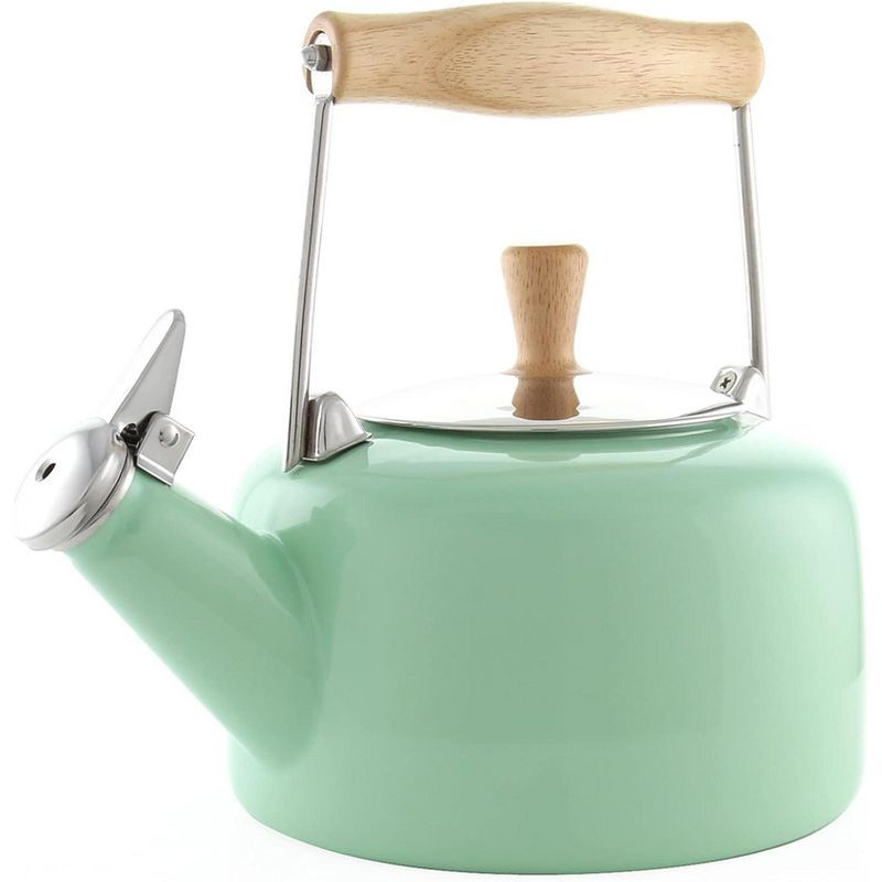 Mint Green Enamel and Wood Whistling Teakettle, 1.4-Quart