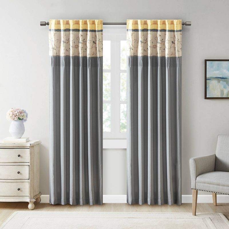 Yellow and Gray Embroidered Polyester Blackout Curtain Panel, 50" x 84"