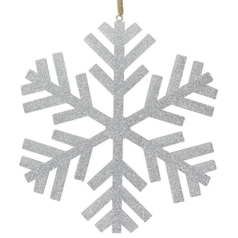 Silver Glitter Snowflake Wood Christmas Ornament with Jute Cord