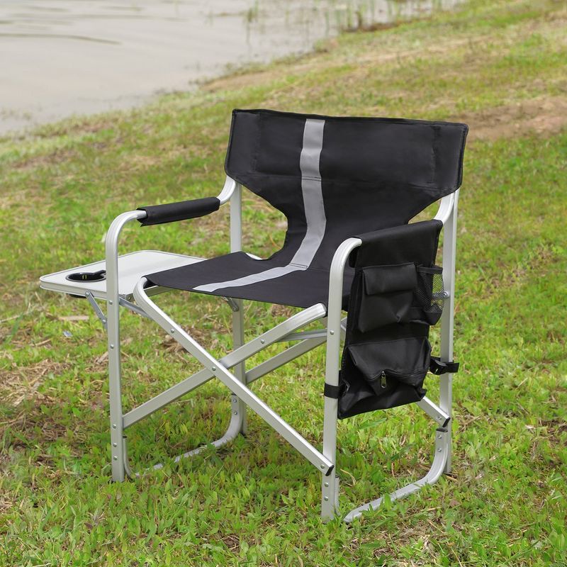 Oversized Black and Gray Aluminum Folding Camping Chair with Storage Pocket