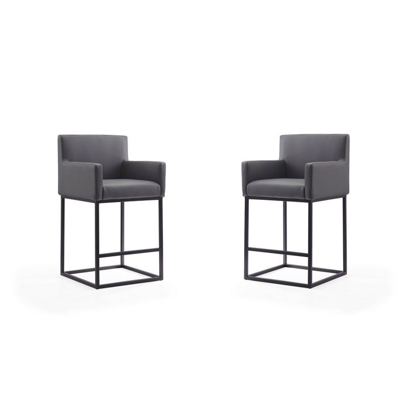 Set of 2 Gray Faux Leather and Metal Counter Stools