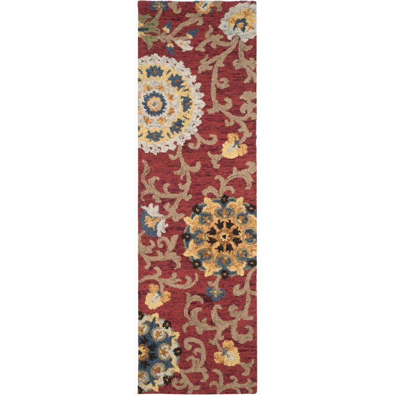 Red Floral Hand Tufted Wool Runner Rug 2'3" x 12'