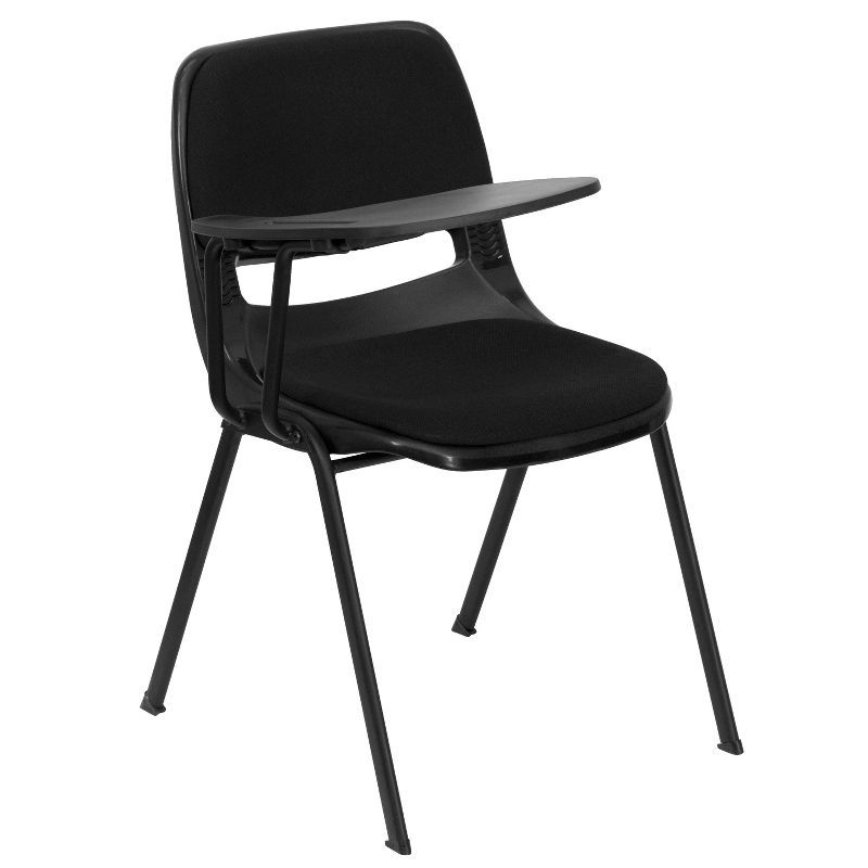 Compact Black Fabric Ergonomic Desk Chair with Flip-Up Tablet Arm