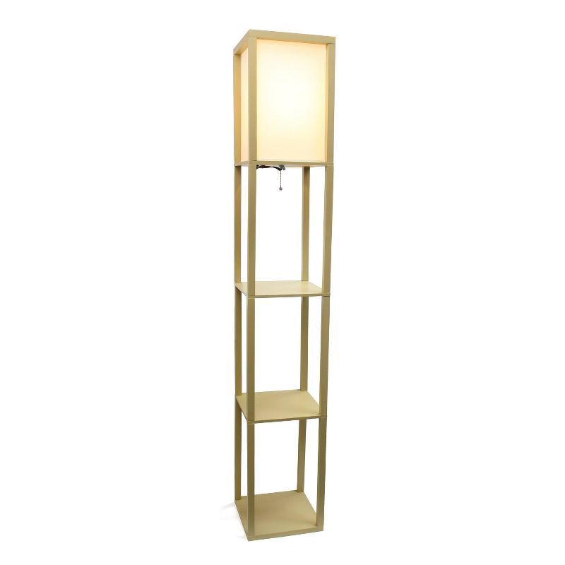 Tan Multifunctional Floor Lamp with Linen Shade and Storage Shelves