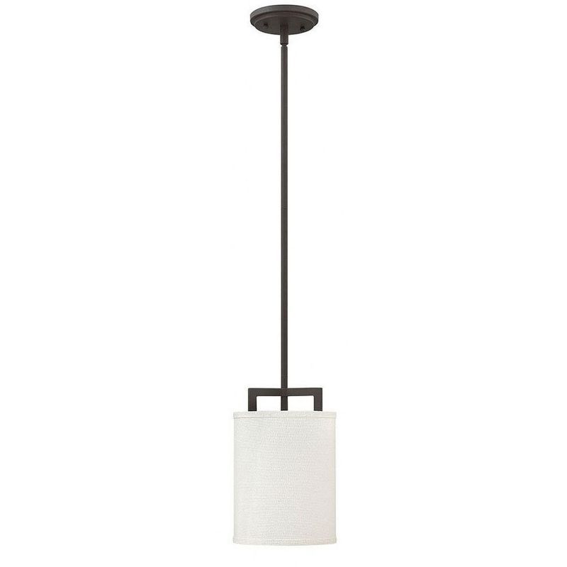 Transitional Buckeye Bronze 1-Light Pendant with Off-White Linen Shade