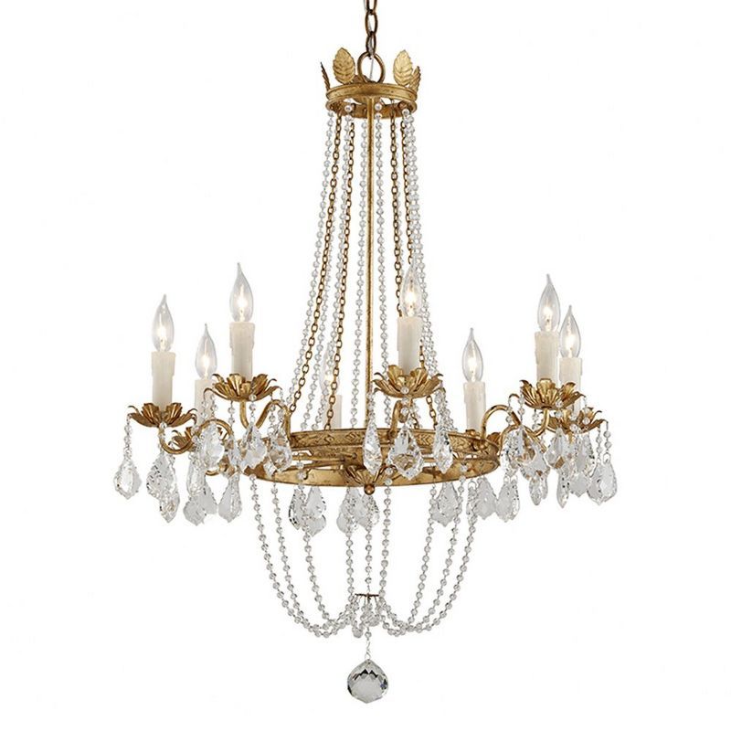 Distressed Gold Leaf 8-Light Crystal Chandelier with Iron Frame