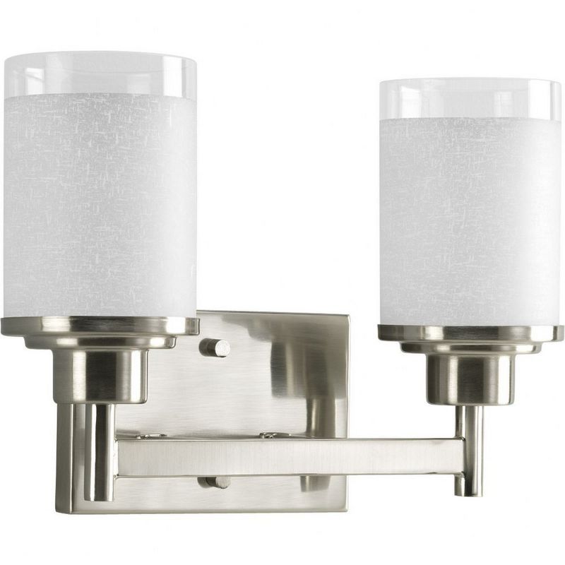 Brushed Nickel 2-Light Bath Fixture with White Linen Glass Shades