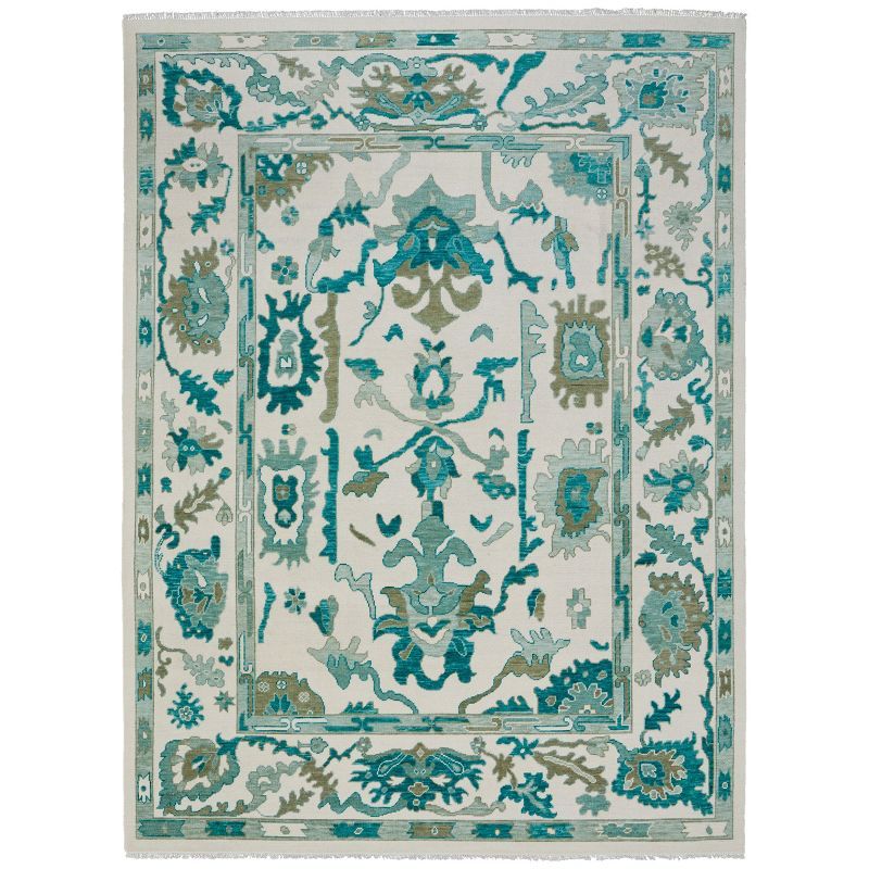 Ivory and Green Hand-Knotted Wool and Cotton Rug