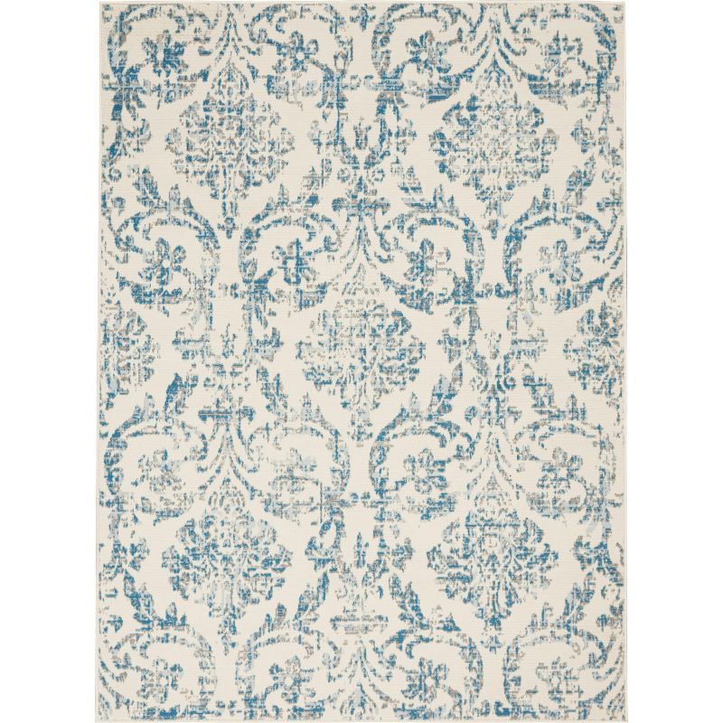 Elegant Ivory and Blue Damask 5' x 7' Synthetic Area Rug