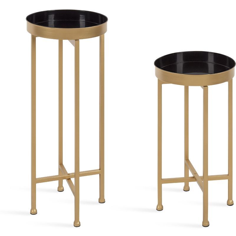 Elegant Gold and Black Round Metal Mirrored Tray Table Set