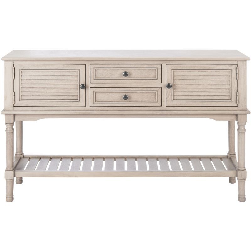 Greige Wood and Metal Console Table with Storage Drawers