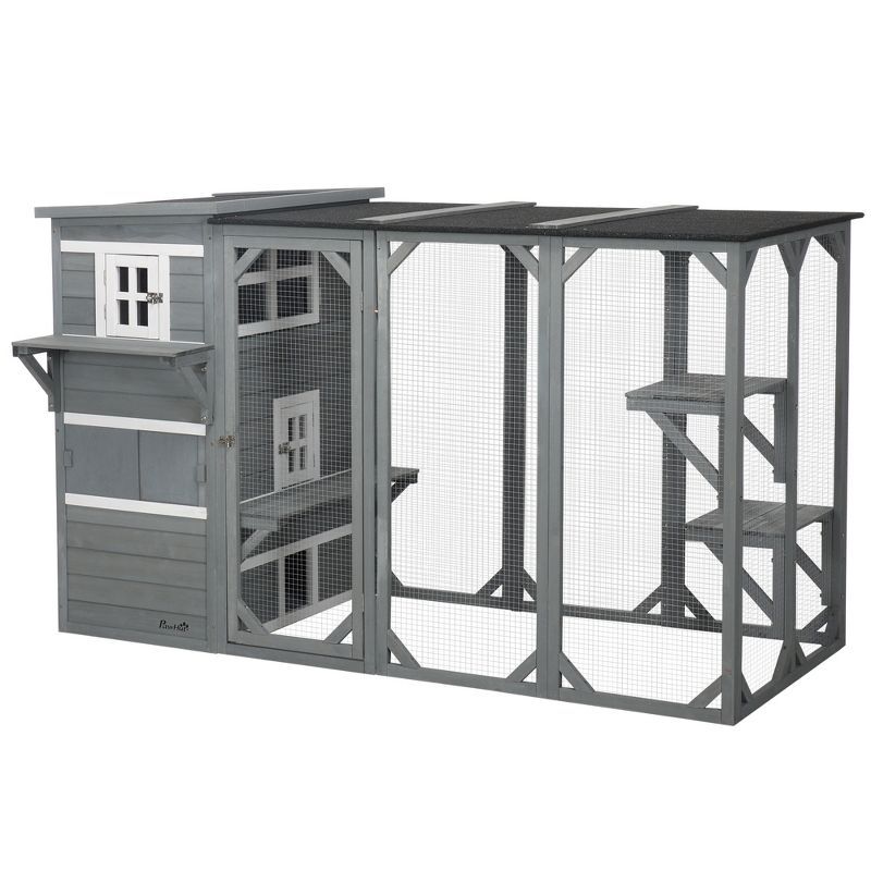 Gray Multi-Level Outdoor Cat House with Platforms and Hiding Areas