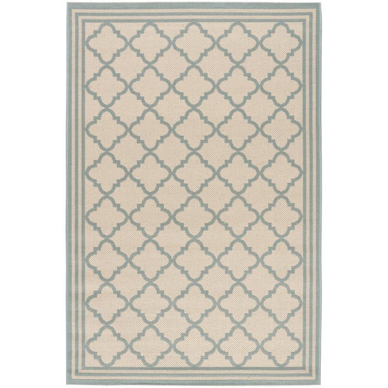 Cream and Aqua Geometric Pattern Synthetic Indoor/Outdoor Rug, 3' x 5'