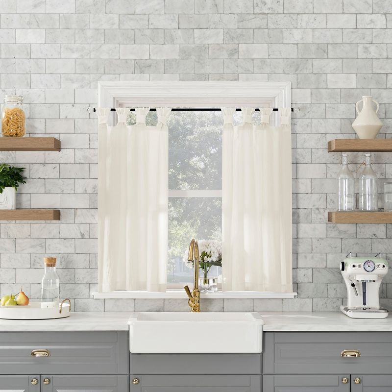 Ivory Sheer Cotton Twist Tab Kitchen Window Curtains, 52" x 36"