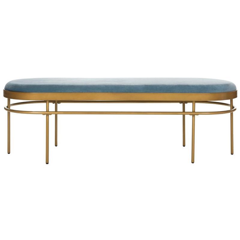 63'' Luxe Transitional Slate Blue Velvet and Gold Oval Bench