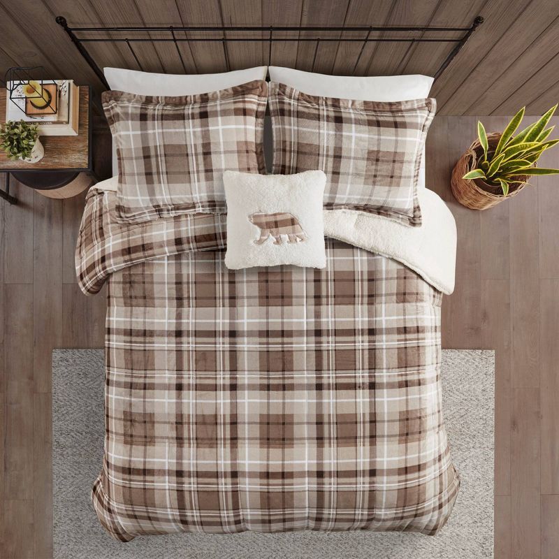 Queen Tan Plaid Down Alternative Comforter Set with Shams