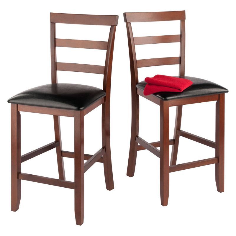 Walnut Wood & Black Leather Transitional Counter Stools, Set of 2