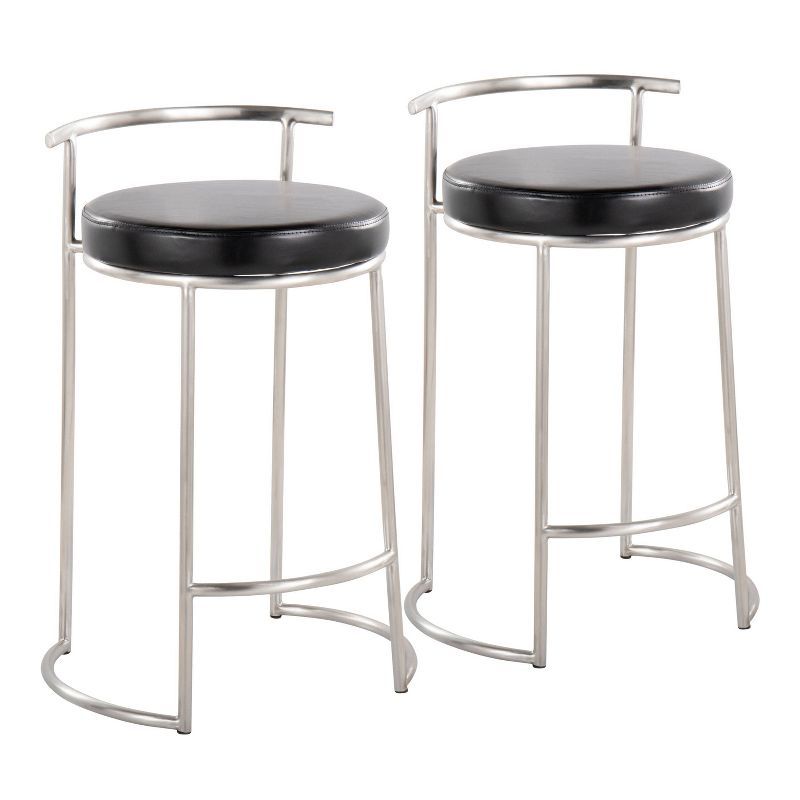 Set of 2 Black Leather and Metal Round Counter Stools