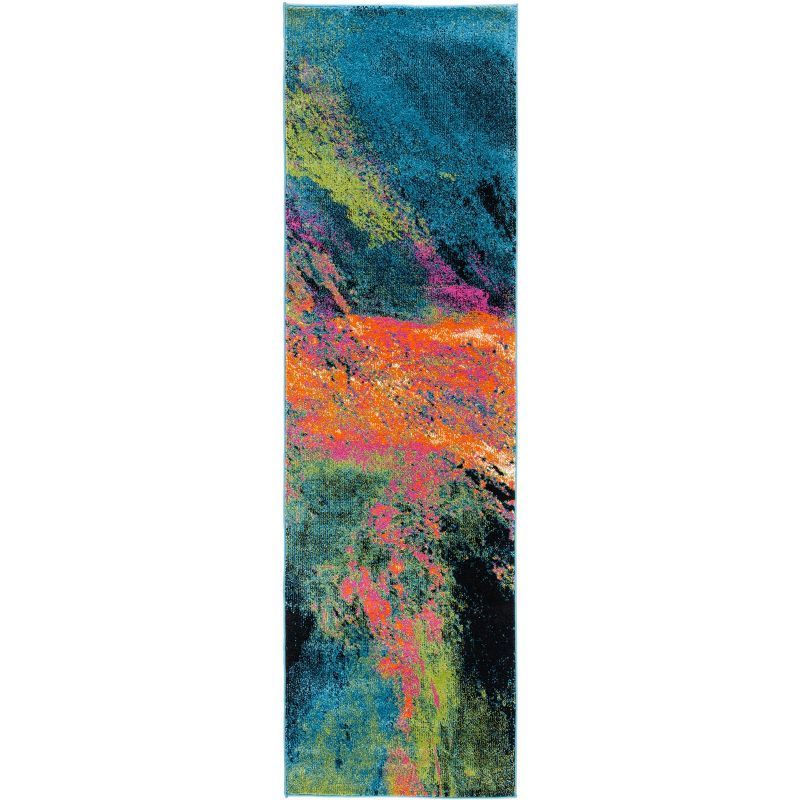 Galaxy Blue and Orange Abstract Synthetic Runner Rug