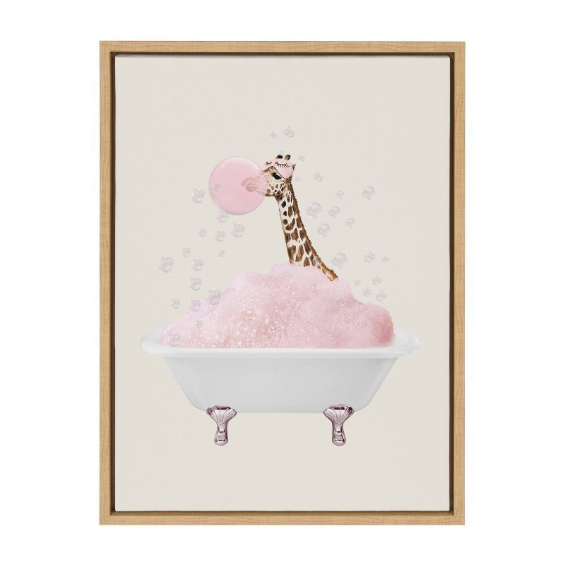 Natural Framed Canvas Print of Giraffe in Bath, 18" x 24"