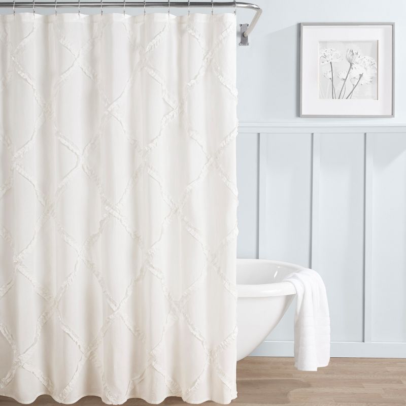 Adelina White Cotton Ruffled Shower Curtain