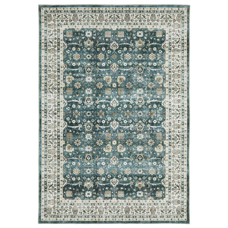 Teal and Ivory Rectangular Washable Wool Area Rug, 5' x 7'