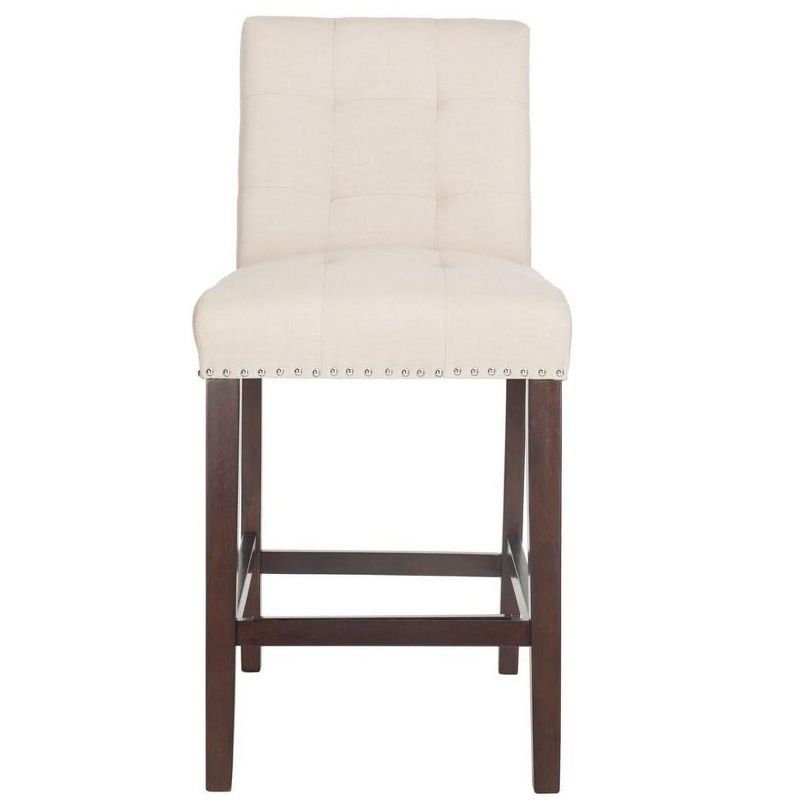 Beige Tufted Linen Transitional Counter Stool with Chrome Accents, Set of 2