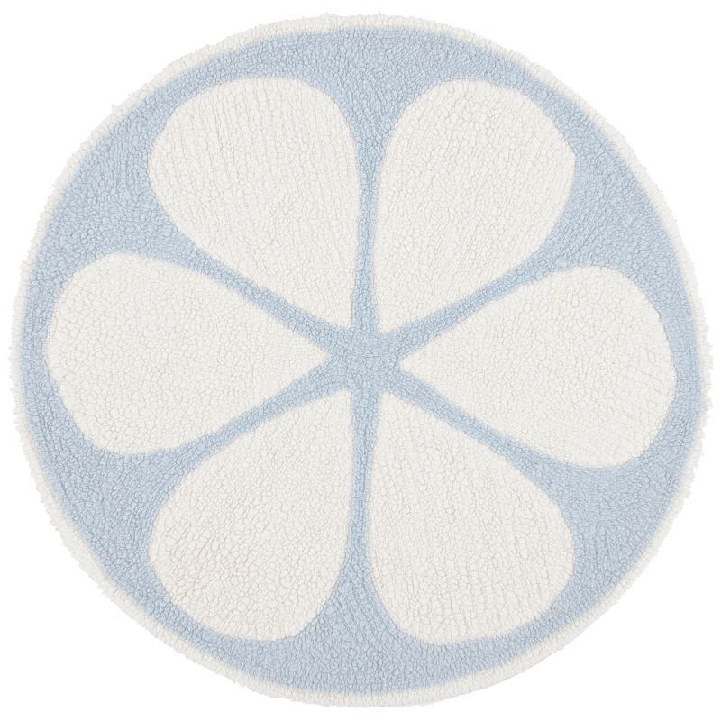 Ivory and Light Blue Round Tufted Wool Area Rug