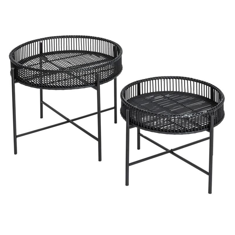 Black Bamboo and Metal Round Tray Tables Set of 2