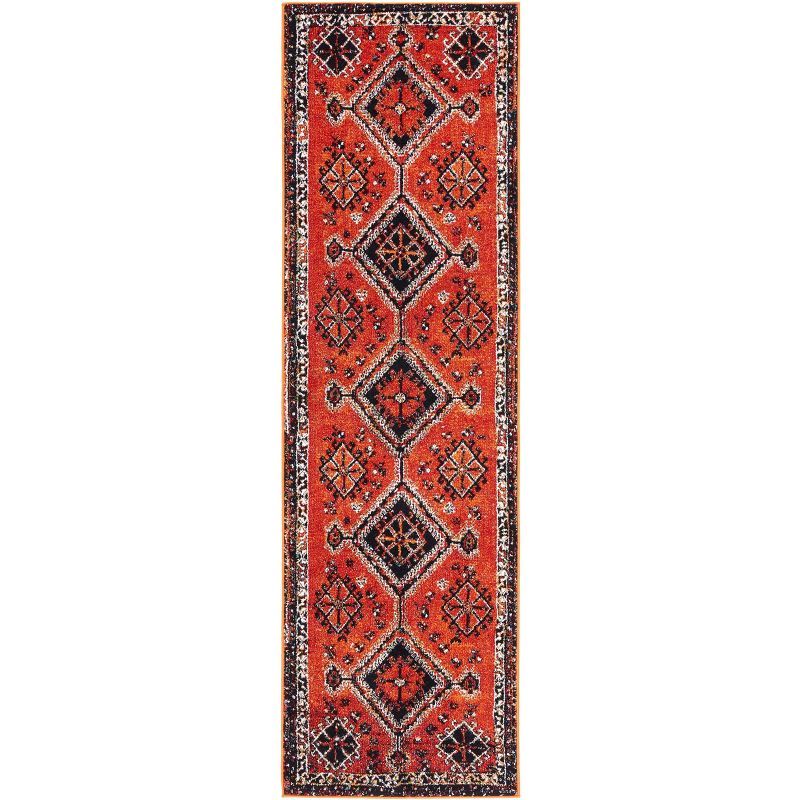 Vintage Hamadan Orange and Red Synthetic Runner Rug