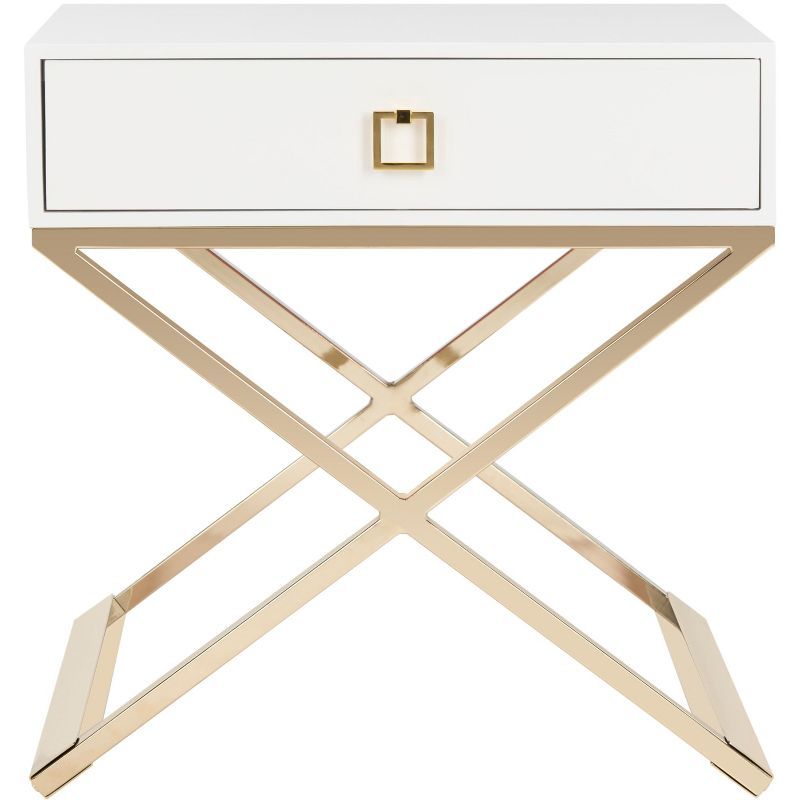 White Rectangular Wood and Metal End Table with Storage