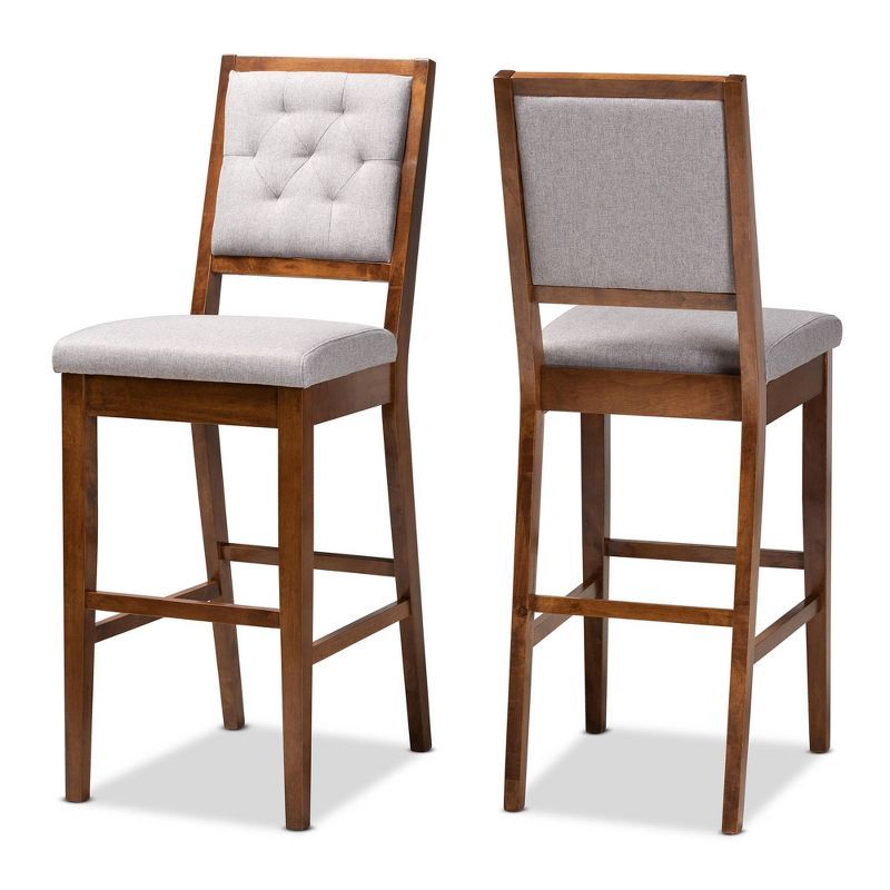 Gideon Grey Fabric and Walnut Wood Bar Stools, Set of 2