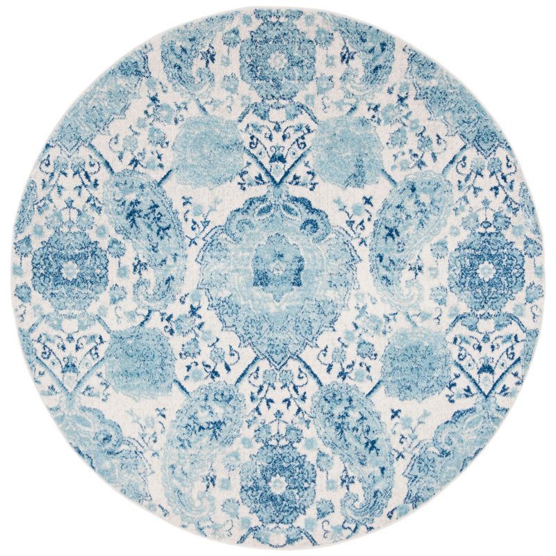 Beige and Turquoise Round Synthetic Paisley Rug, 4 ft