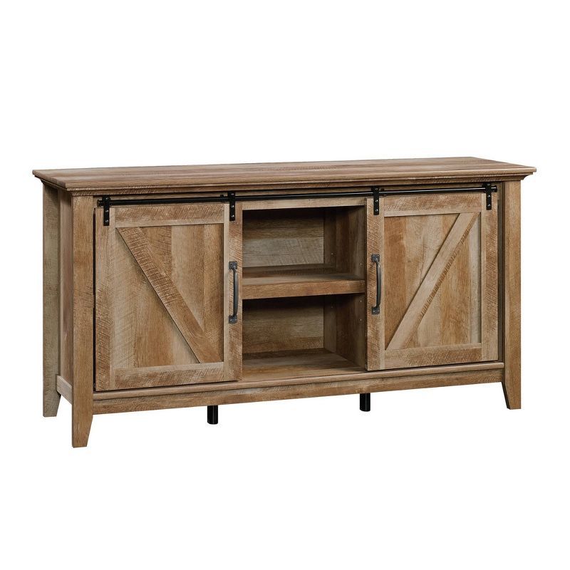 Craftsman Oak Sliding Door TV Stand with Adjustable Shelves