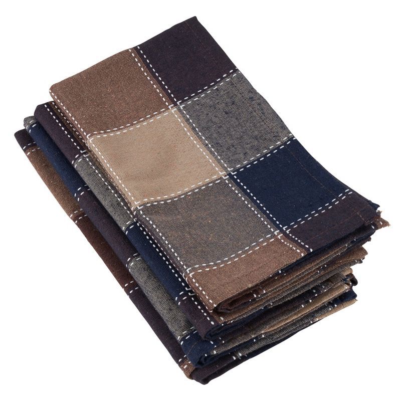 Brown and Blue Stitched Plaid Cotton Blend Table Napkins, Set of 4