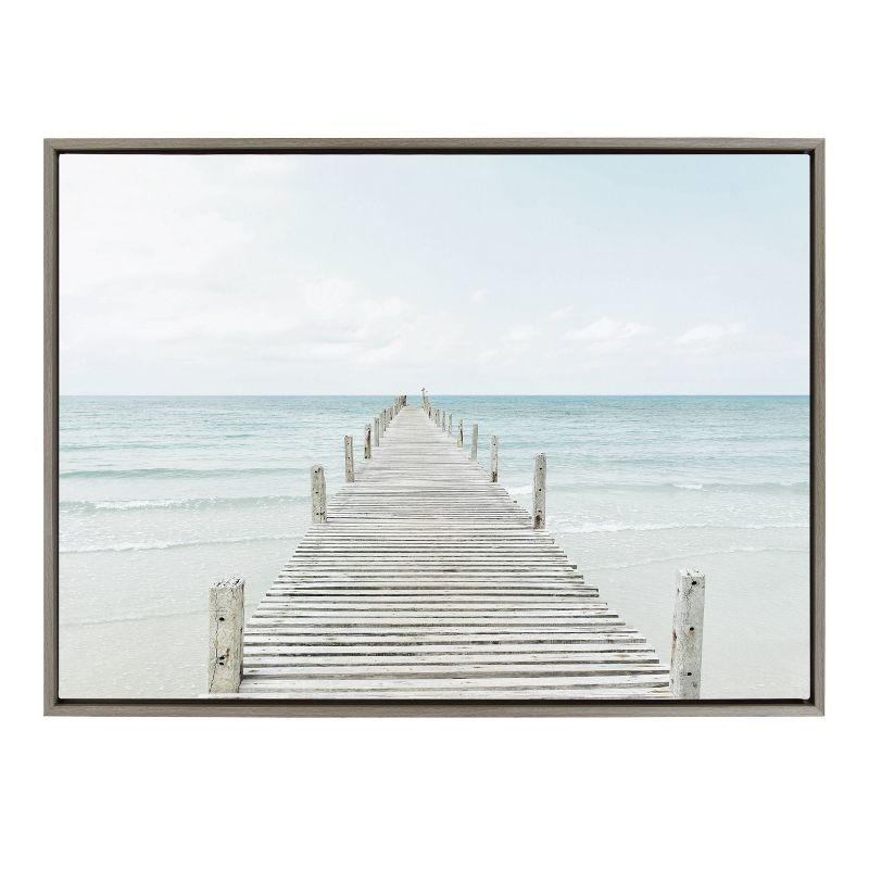 Gray Wooden Pier on Beach Canvas Wall Art