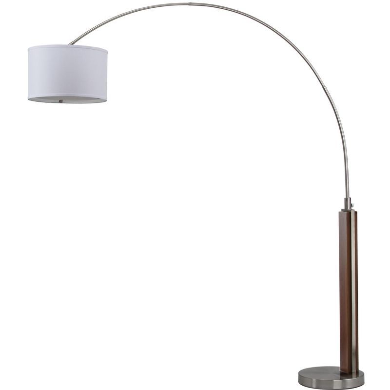 Nickel and Wood Arc Floor Lamp with Cotton Shade