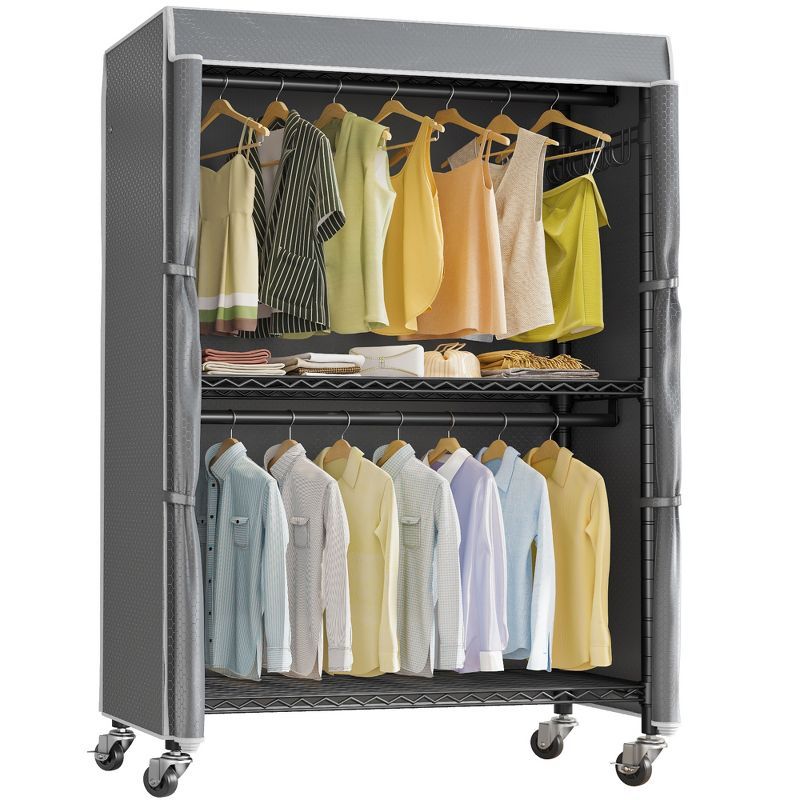 Black Heavy Duty Rolling Garment Rack with Grey Cover