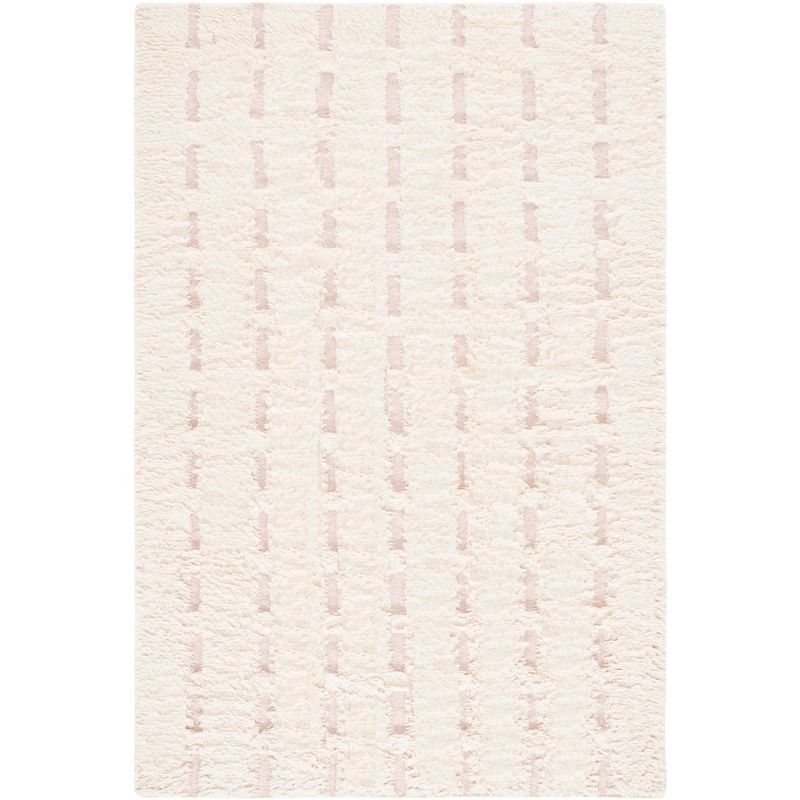 Ivory and Pink Hand-Tufted Wool Shag Area Rug 3' x 5'