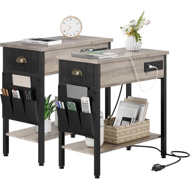 Gray MDF End Tables with Charging Station and Storage - 2PC