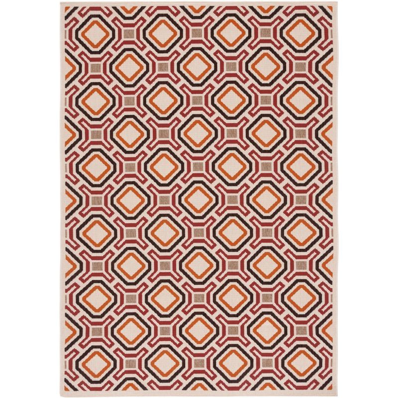 Cream and Red Geometric Floral Synthetic Area Rug