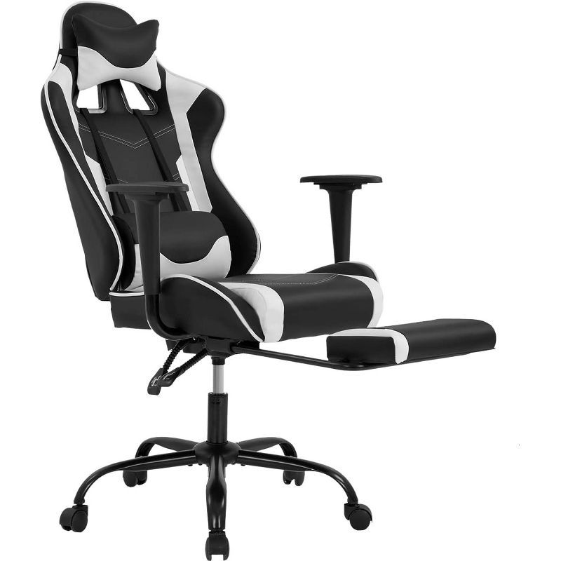 Black and White Ergonomic PU Leather Gaming Chair with Footrest